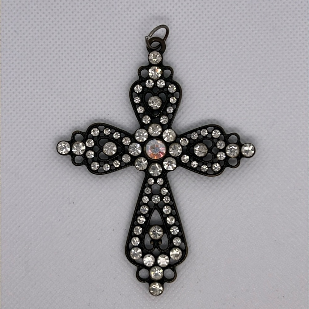Vintage cross, pendant, brass, clear, rhinestones, and iridescent AB